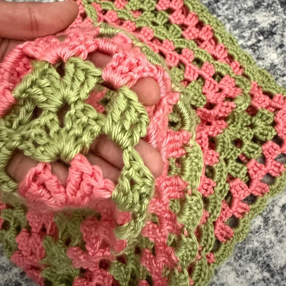 Handmade Pink Green Granny Square Crochet Throw Blanket 29x33 Cottagecore Boho